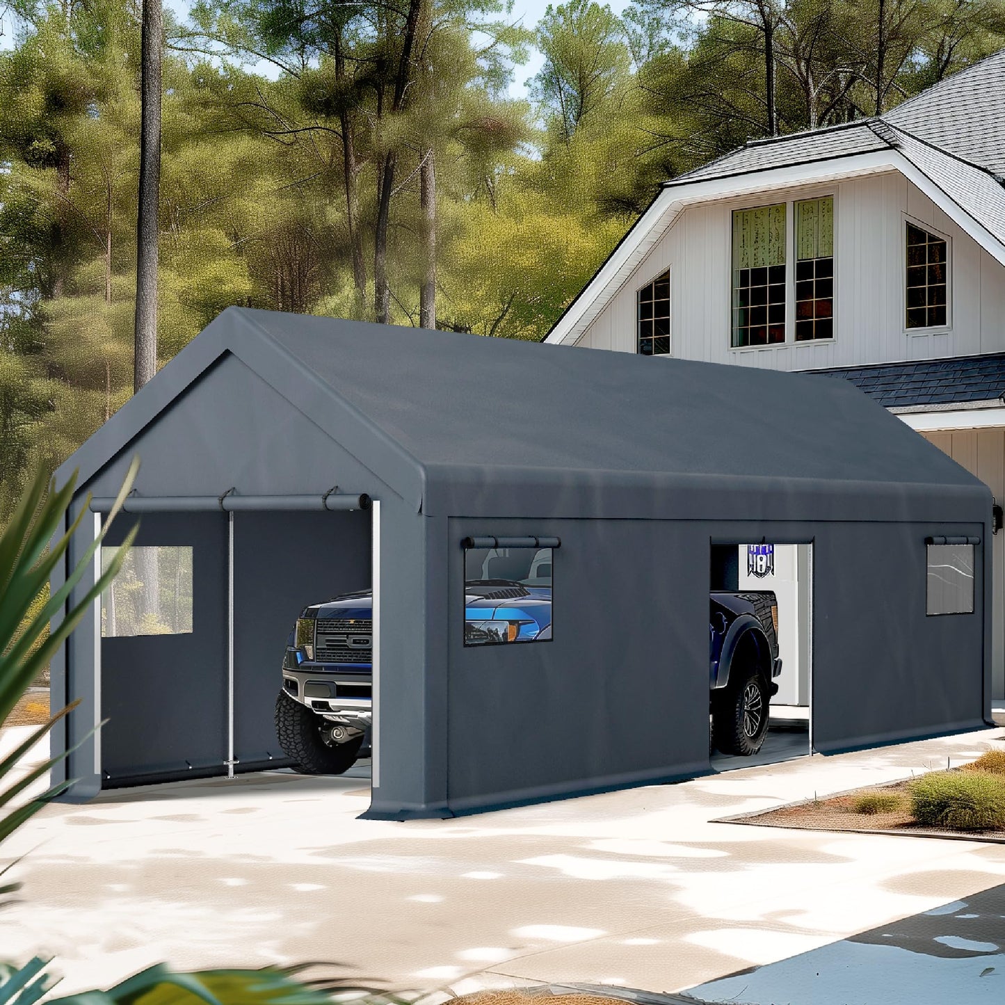 PHI VILLA 13'x24'x9.6' Outdoor Portable Storage Shelter Shed Garage with Roll up Zipper Doors & Vents Carport for Motorcycle Waterproof and UV Resistant Anti-Snow Portable Garage Kit Tent, Gray