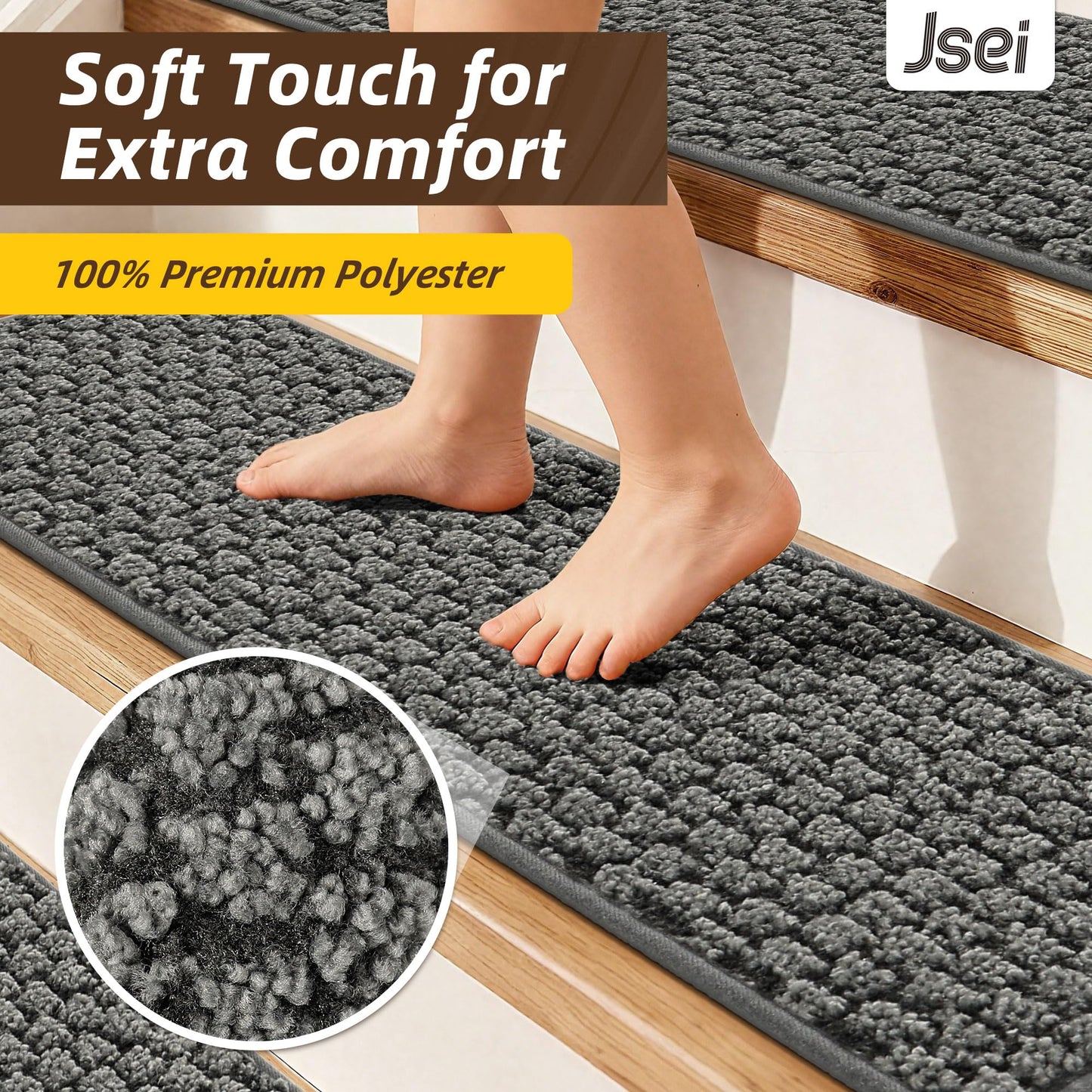 JSEI Stair Treads for Wooden Steps Indoor, Non-Slip Washable Carpet Stair Treads with TPE Backing, Stair Step Mats for Wood Stairs, 14 Pack, 9" x 28", Light Grey
