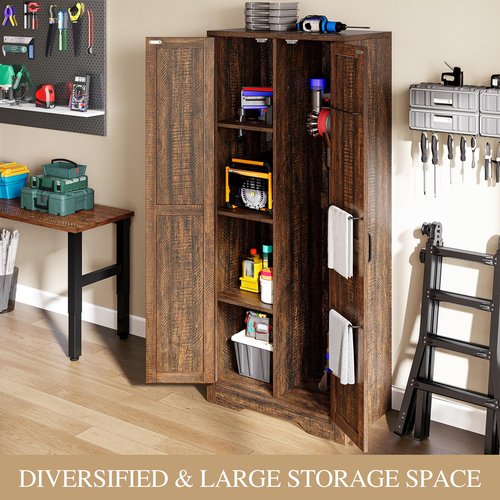 DWVO Wooden Storage Cabinet, Vacuum Cleaner Storage Compatible with Dyson Models, Utility Stand for Brooms and Mops, Cleaning Tool Cabinet with Doors for Garage, Office, Home