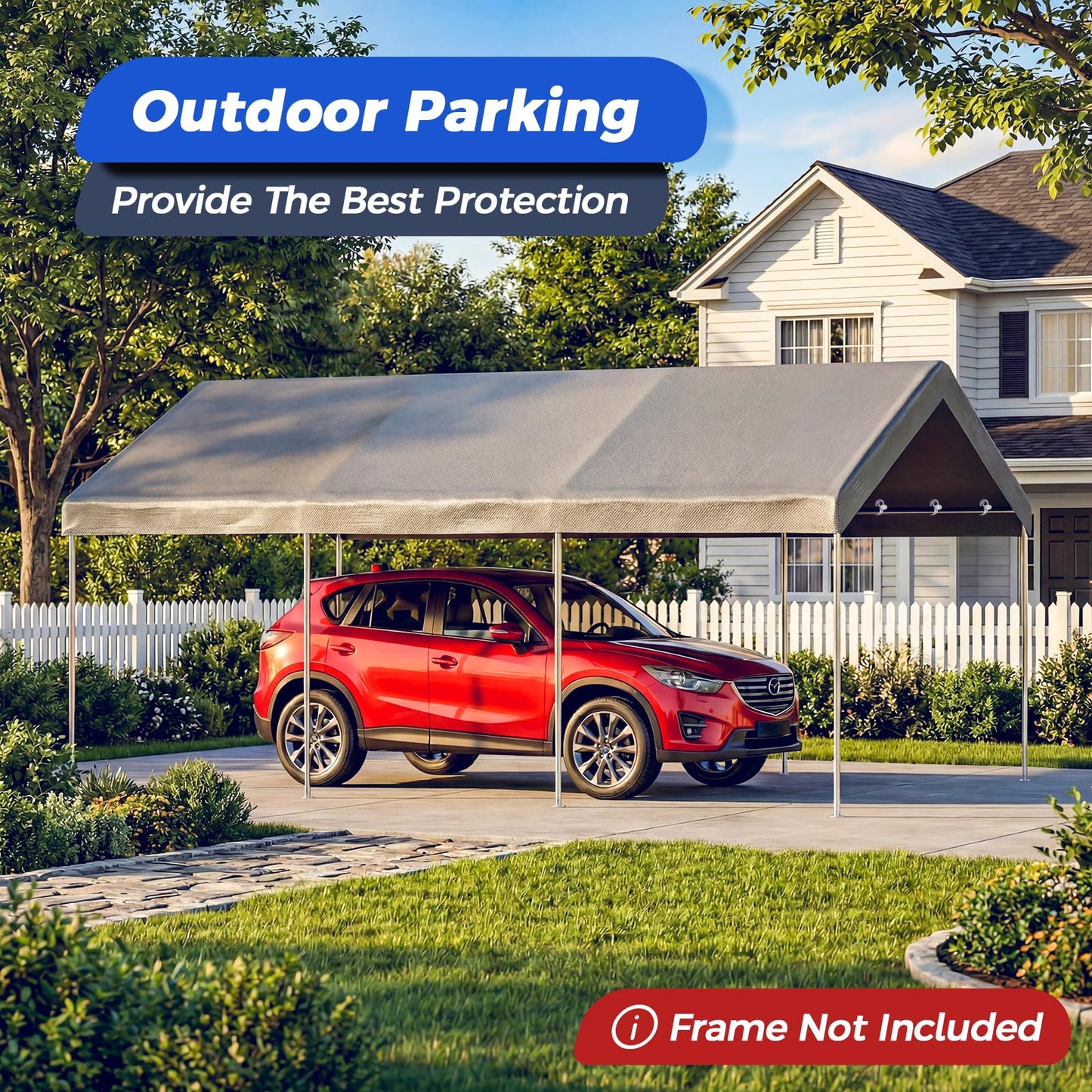 10x20 FT Carport Canopy Replacement Cover, Heavy Duty Car Garage Top Tent Shelter Tarp, Waterproof & UV Protected, Easy Installation with Ball Bungees, Gray (Frame Not Included)