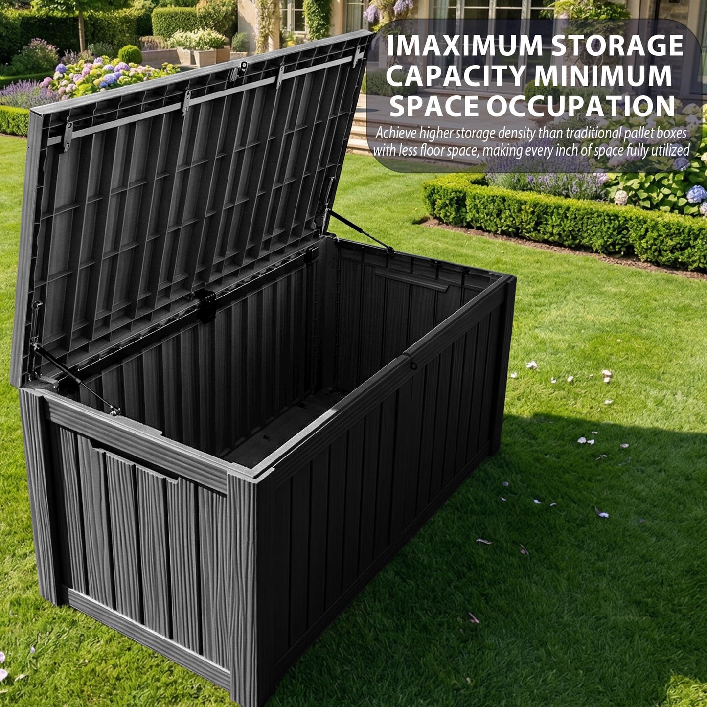 MAIUSCOLI 150 Gallon Outdoor Storage Box Waterproof Outside Resin Deck Box, Lockable Storage Bin for Patio Furniture,Garden Tools,Cushions,Pool Accessories(Black)