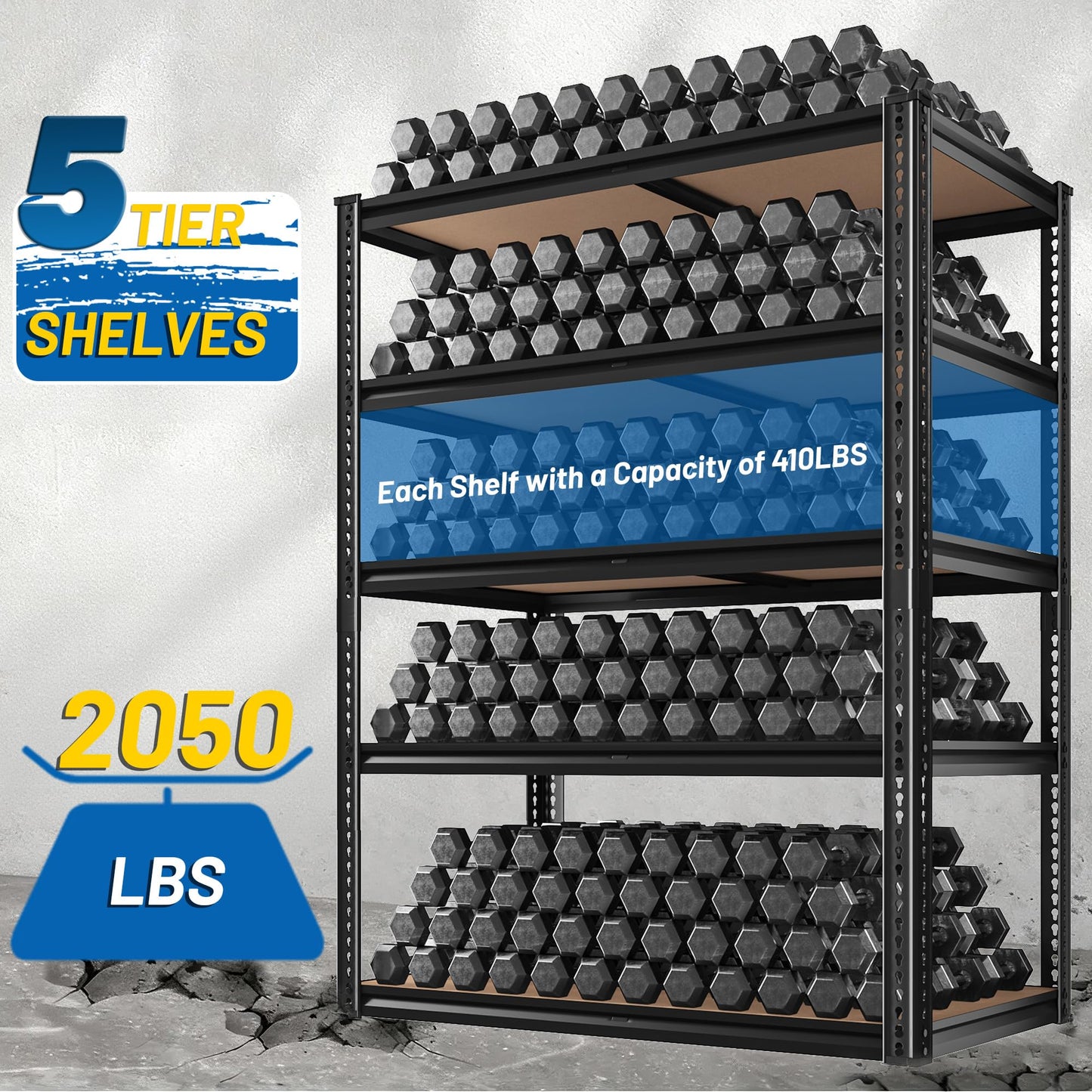 ROOMFAVE 72" H Storage Shelves 5 Tier Garage Shelving Heavy Duty,2050LBS Adjustable Metal Shelving Unit, Garage Shelves for Basement, Warehouse, Pantry, Closet, 72" H x 35.5" W x 16" D, Black,2PCS