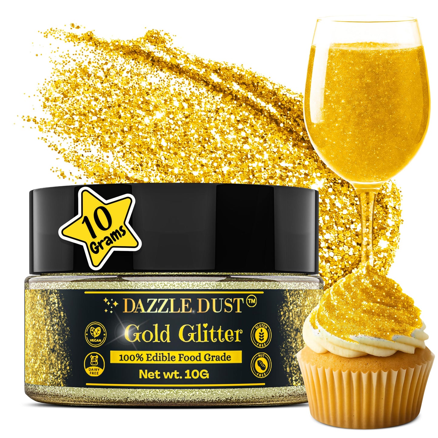 Dazzle Dust Edible Glitter Sprinkles for Cake Decorating, Drinks, Cookie, Icing, Dessert Decorations, Sparkly Luster, Food-Grade, Vegan, Gluten Free, Kosher, Bulk 10g, Gold
