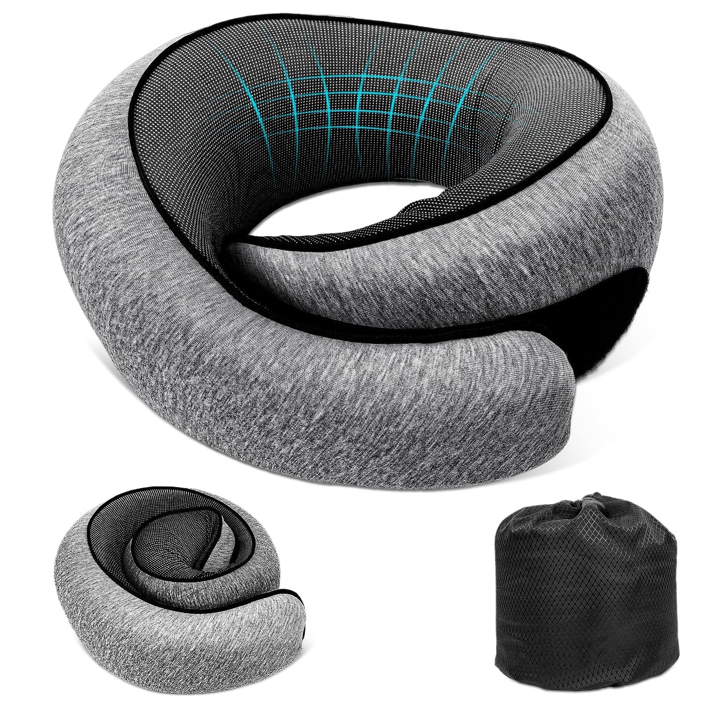 GongPath Travel Neck Pillow for Airplane, Memory Foam Neck Pillow with 360° Support, Adjustable Velcro, Breathable Washable Cover, Compact for Long Flights, Car, Train, Office, Light Grey(Dark Grey)