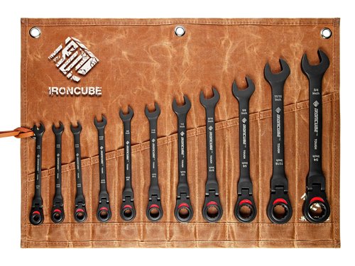ironcube Ratcheting Combination Wrench Set: 11-Piece SAE 1/4 to 3/4 Inch - Flexible Head - CR-V Steel - Black Tough With Wax Canvas Tool Pouch for Motorcycle Repair