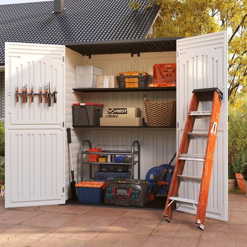 EHHLY Vertical Resin Storage Shed, 60 Cuft Garden Tool Sheds & Outdoor Storage, Plastic Outdoor Storage Cabinet Waterproof, 4.5 x 2.3 ft Backyard Outside Lawn Mower Storage Shed, White