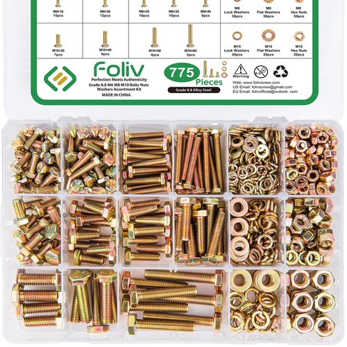FOLIV 775PCS Grade 8.8 M6 M8 M10 Bolts and Nuts Assortment Kit, Heavy Duty Metric Hex Bolts Nuts Washers Kit, 16 Common Sizes Included
