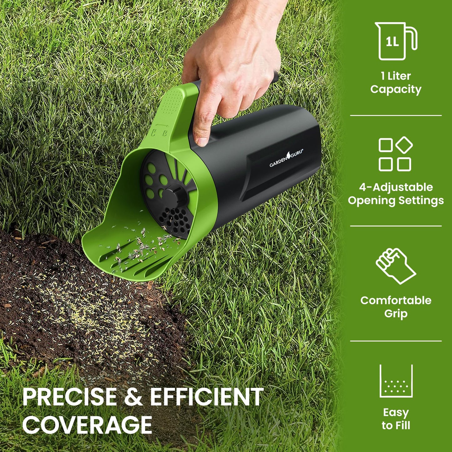 Garden Guru Handheld Seed Spreader Shaker – Multi Use Grass Seed, Fertilizer, Salt, Ice & Snow Melt Spreader – Adjustable Twist Cap w Multiple Size Openings – Lightweight 1L Capacity Hand Seeder