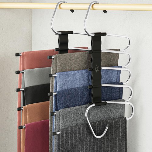 MORALVE Pants Hangers Space Saving - 2 Pack - Non-Slip Multi-Layer Space Saving Hangers - Multifunctional Clothing Rack for Closet Storage - Ideal for Jeans, Trousers, Skirts, Scarves & Slacks (Black)