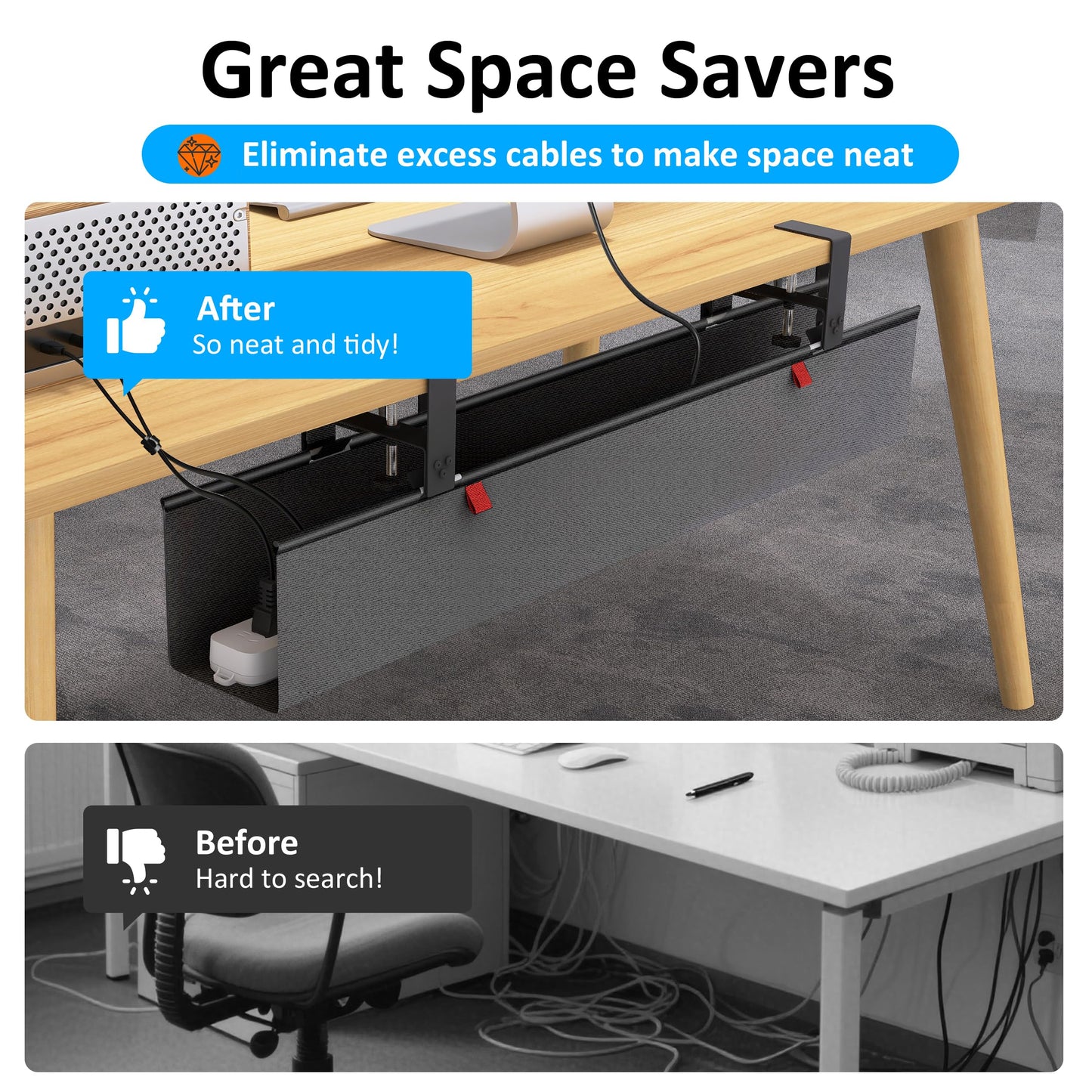Cotohim Under Desk Cable Management Tray - Under Desk Cord Management - Clamp/Screw Mount - Fabric Wire Management - Cable Raceways Tray Cord Hiders for Office/Home (Black, 35.8"×5.6")