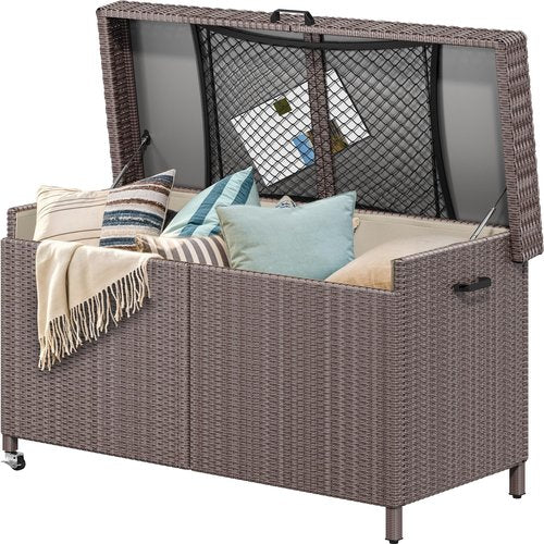 YITAHOME 200 Gallon Outdoor Storage Box w/Storage Net, Rattan XL Outdoor Deck Box, Patio Cushion Storage, Outside Storage Box for Patio Furniture, Garden Tools, Pool Sports Equipment (Brown)