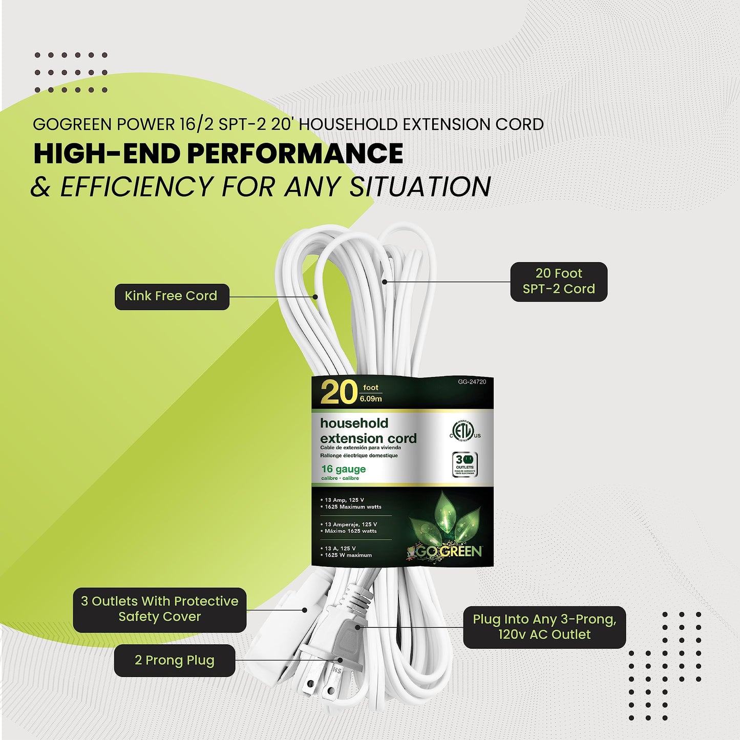 Go Green Power Inc. 20ft Household Extension Cord, White, 3 Outlets, 16/2, Indoor Use Only - Safe, Reliable, and Child-Safe Covers - Ideal for Everyday Electronics