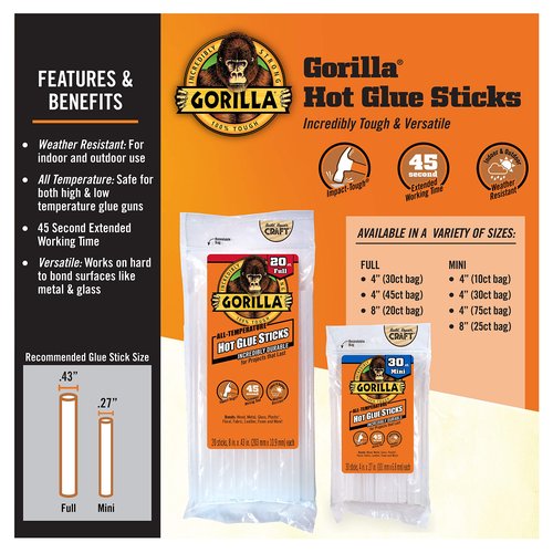 Gorilla Hot Glue Sticks, Clear Glue, Mini Size 4" Long x 0.27" Diameter, 75 Count (Pack of 1) - Safe for All Temperatures with Extended Working Time