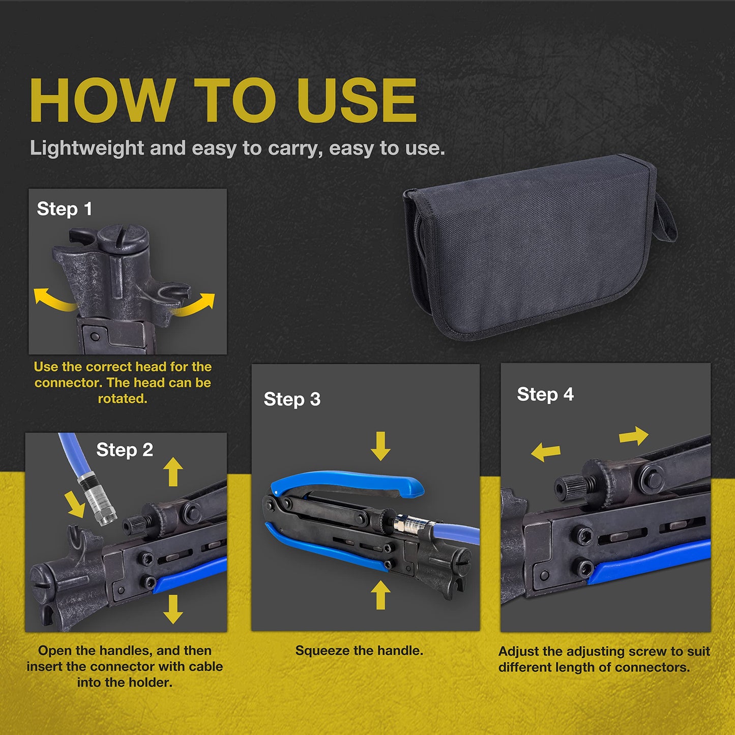 KOTTO Coax Cable Crimper Kit - Adjustable Compression Tool for RG6, RG59, RG11 - Includes Coaxial Cable Stripper and 20 F Compression Connectors