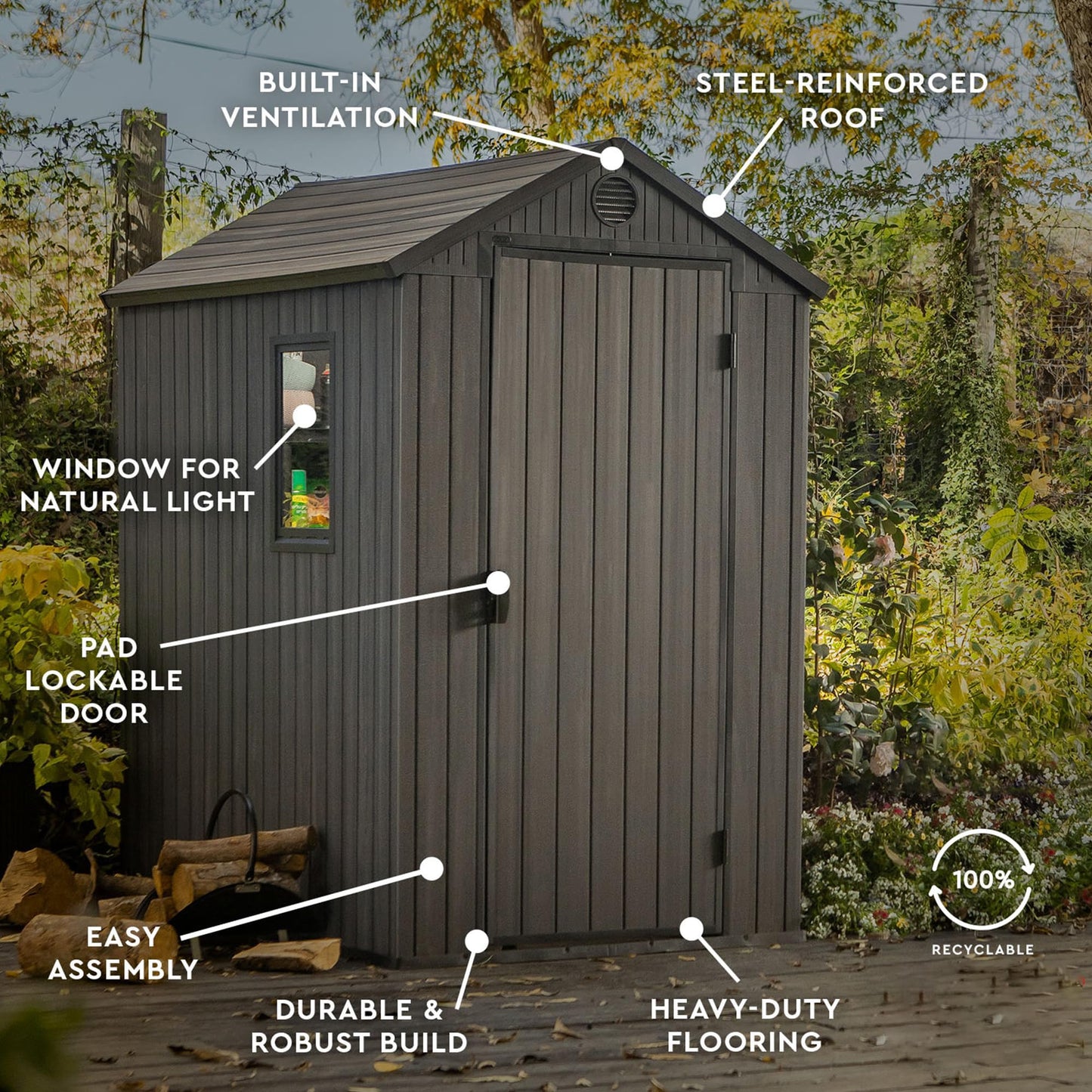 Outdoor Resin Storage Tool Shed Windows and Floor Lockable Doors Perfect to Patio Furniture Garden Tools Bike Accessories Beach Chairs and Push Lawn Mower 4x6 Ft