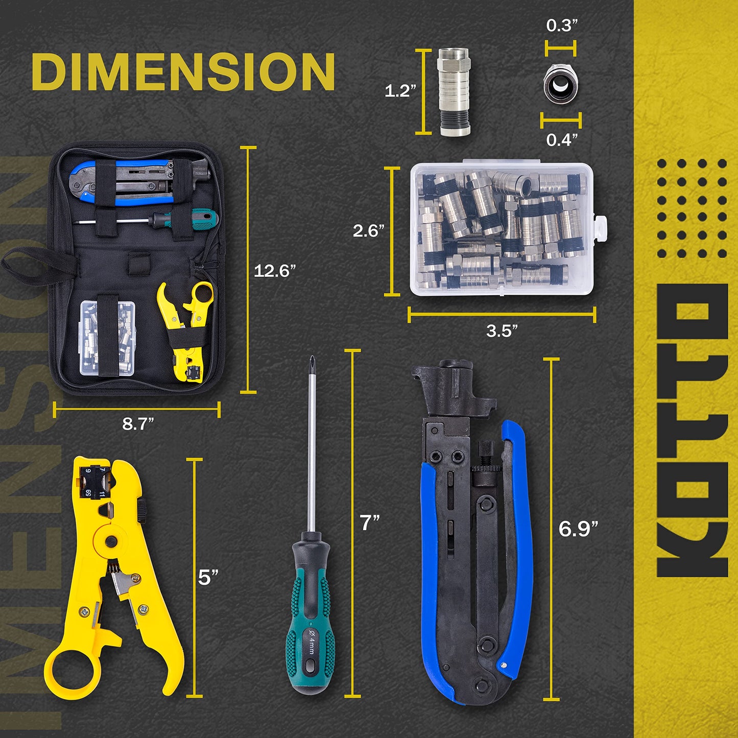 KOTTO Coax Cable Crimper Kit - Adjustable Compression Tool for RG6, RG59, RG11 - Includes Coaxial Cable Stripper and 20 F Compression Connectors