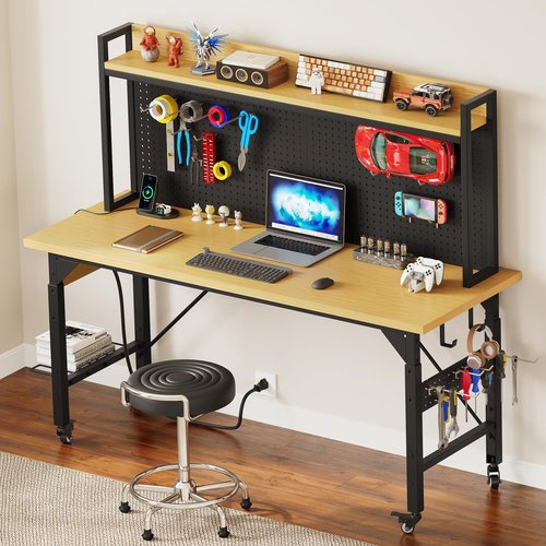 DWVO 60" Adjustable Workbench with Pegboard, Heavy Duty Wood Top Work Bench with Wheels, 1600 LBS Load Capacity, Rolling Work Table with AC/USB Outlet, Hooks, Rack for Garage, Workshop, Office, Home