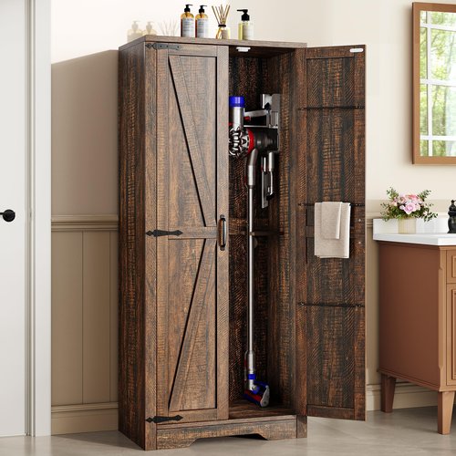 DWVO Wooden Storage Cabinet, Vacuum Cleaner Storage Compatible with Dyson Models, Utility Stand for Brooms and Mops, Cleaning Tool Cabinet with Doors for Garage, Office, Home