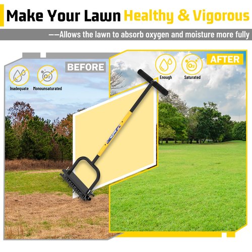 JouZYA Lawn Aerator Tool, Lawn Aerator with 12 Spikes, Automatic Leaf and Dirt Cleaning with Spring-Loaded Design, Metal Manual Aerator for Loosening Soil Aerating Patio, Yard, Garden