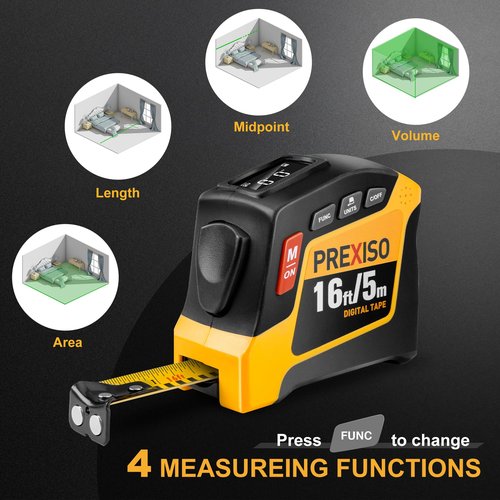 PREXISO 2-in-1 Digital Tape Measure - 16Ft Rechargeable Measuring Tape Ruler Ft/Ft+in/in/M/CM/MM Unit - Metric & Inches Retractable Measurement Tape Tool with Magnetic Tip - Pythagorean, Area, Volume