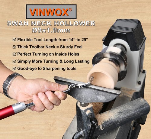 VINWOX 9 PCS Carbide Wood Lathe Turning Tool Set, Pen Turning tools, Including Swan Neck Hollower, Rougher, Finisher, Detailer, Aluminum Handles from 14" to 29", Fine Polished Stainless Steel Shank