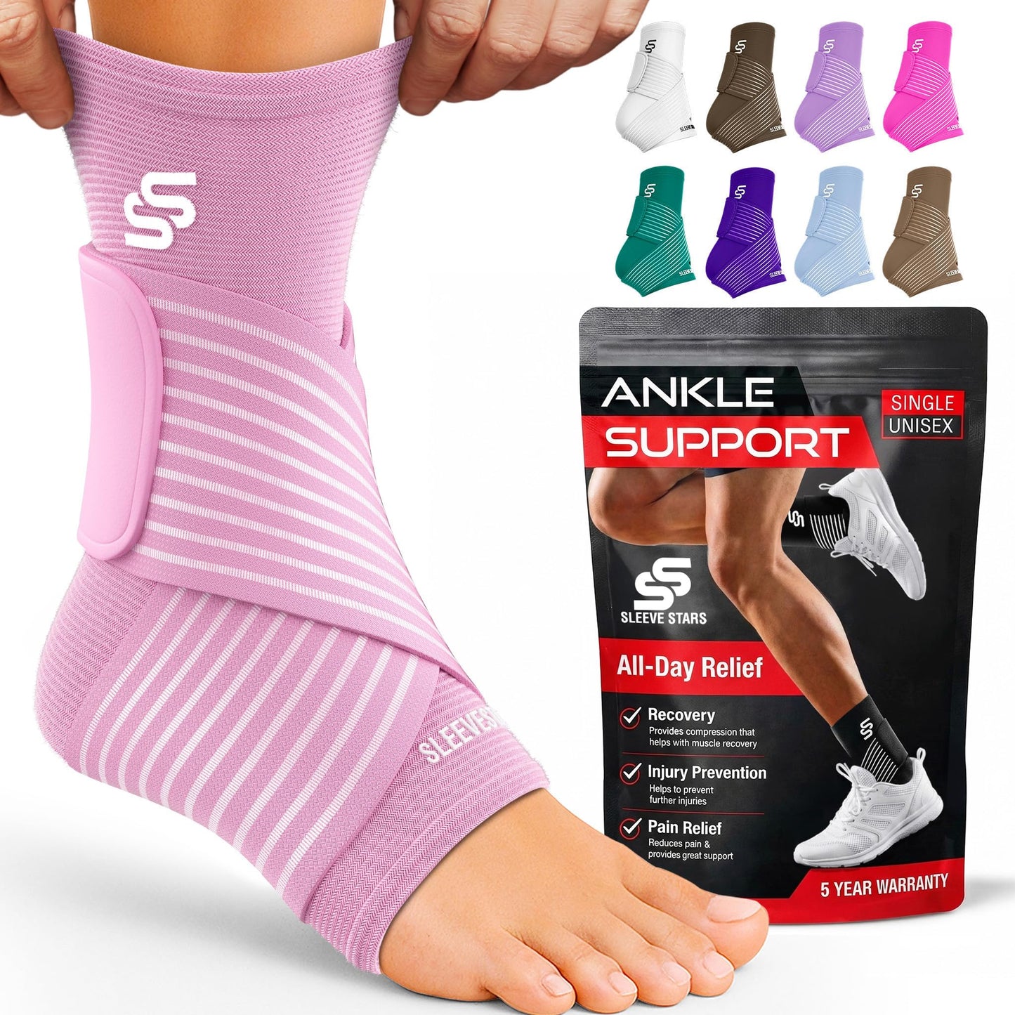 Sleeve Stars Ankle Brace for Women & Men, Ankle Wrap for Sprained Ankle, Compression Sleeve for Plantar Fasciitis Relief, Easy Customizable Support: w/Removable Strap (Single/S:9"-10"/Baby Pink)