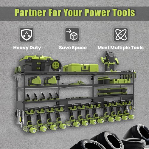50''W Large Power Tool Organizer Wall Mount, Heavy Duty 4 Tier 12 Drill Holder Loads 600lbs, Garage Tool Organizer and Storage, Suitable Tool Rack for Workshop, Workbench