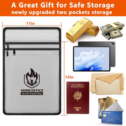 Epritliber Fireproof Document Bag 2000°F, 15x11’’ Waterproof Fireproof Money Bag for Cash, Two Pockets Safe Document Organizer for Valuables, Important Document Folder for Office Home Travel (Gray)
