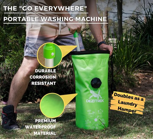 Dezitrek LARGE All in One Hand Wash Bag and Plunger Set - Off Grid Washing Machine Non Electric for Camping Travel | Eco Friendly Portable Manual Clothes Washer Laundry Bag for RV's, Apartments