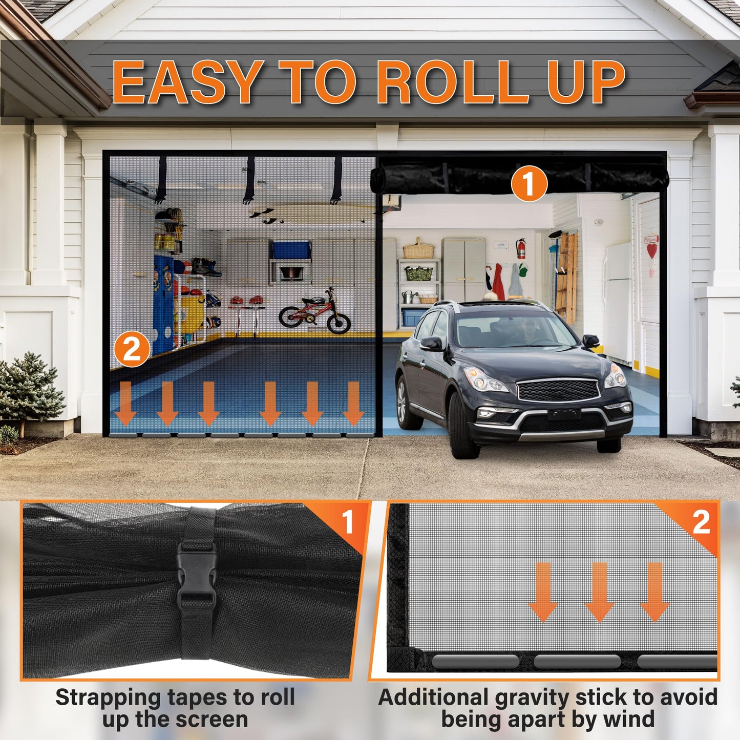 Garage Door Screen for 1 Car 8x7Ft - Magnetic Closure, Reinforced Fiberglass Mesh, Heavy Duty Weighted Bottom, Hands-Free Operation, Easy Assembly & Pass-Through