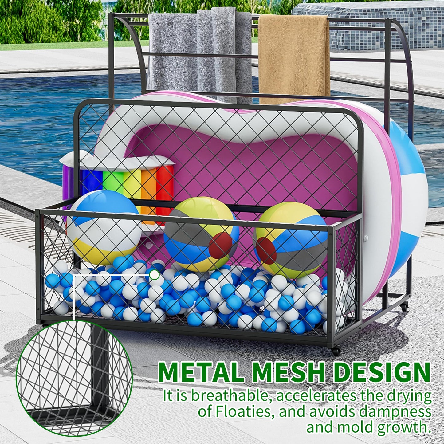tenouaai Pool Float Storage, Metal Pool Storage Bin with Rolling Wheels, Outdoor Pool Organizer for Floaties, Noodles, Life Vests, Beach Balls (33.4*37.7*36.8)