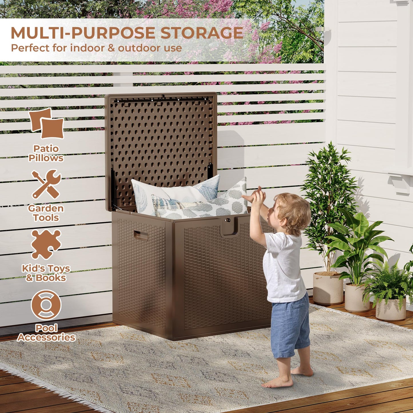 80 Gallon Outdoor Storage Box Waterproof, Lockable Resin Deck Box, Patio Deck Storage Box For Package Delivery, Square Deck Box Container for Furniture Cushions, Garden Tools, Pool Accessories