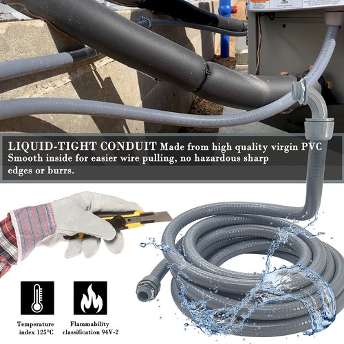 Wocloer Liquid-Tight Conduit - 3/4inch 25 Foot Flexible Non Metallic Liquid Tight Electrical Conduit Kit, With 4 Straight and 3 90-Degree Conduit Connector Fittings.3/4" Dia