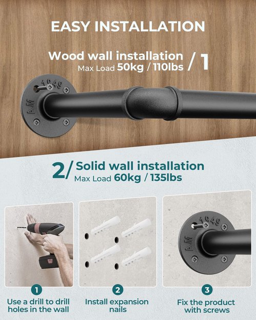OROPY Industrial Pipe Clothes Rack Wall Mounted Set of 2, 38.4 inches Heavy Duty Iron Pipe Clothing Garment Rail, Multi-Purpose Clothing Hanging Rod for Laundry Room and Closet Storage