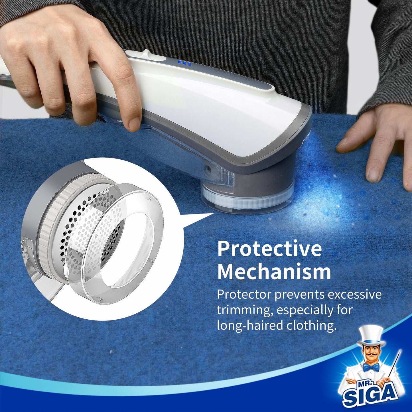 MR.SIGA Fabric Shaver and Lint Remover with 2 Speeds, Rechargeable Electric Lint Fuzz Remover with LED Lights and 2 Replaceable 6-Leaf Blades, Cream/Gray