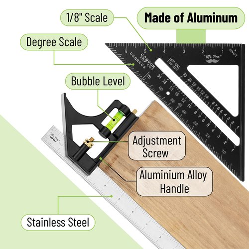 Mr. Pen- Rafter Square and Combination Square Tool Set, Black, 7" Square, 12" Aluminum Carpenter Square, Framing Square, Square Tool, Woodworking Square, Combo Square, 7 Inch