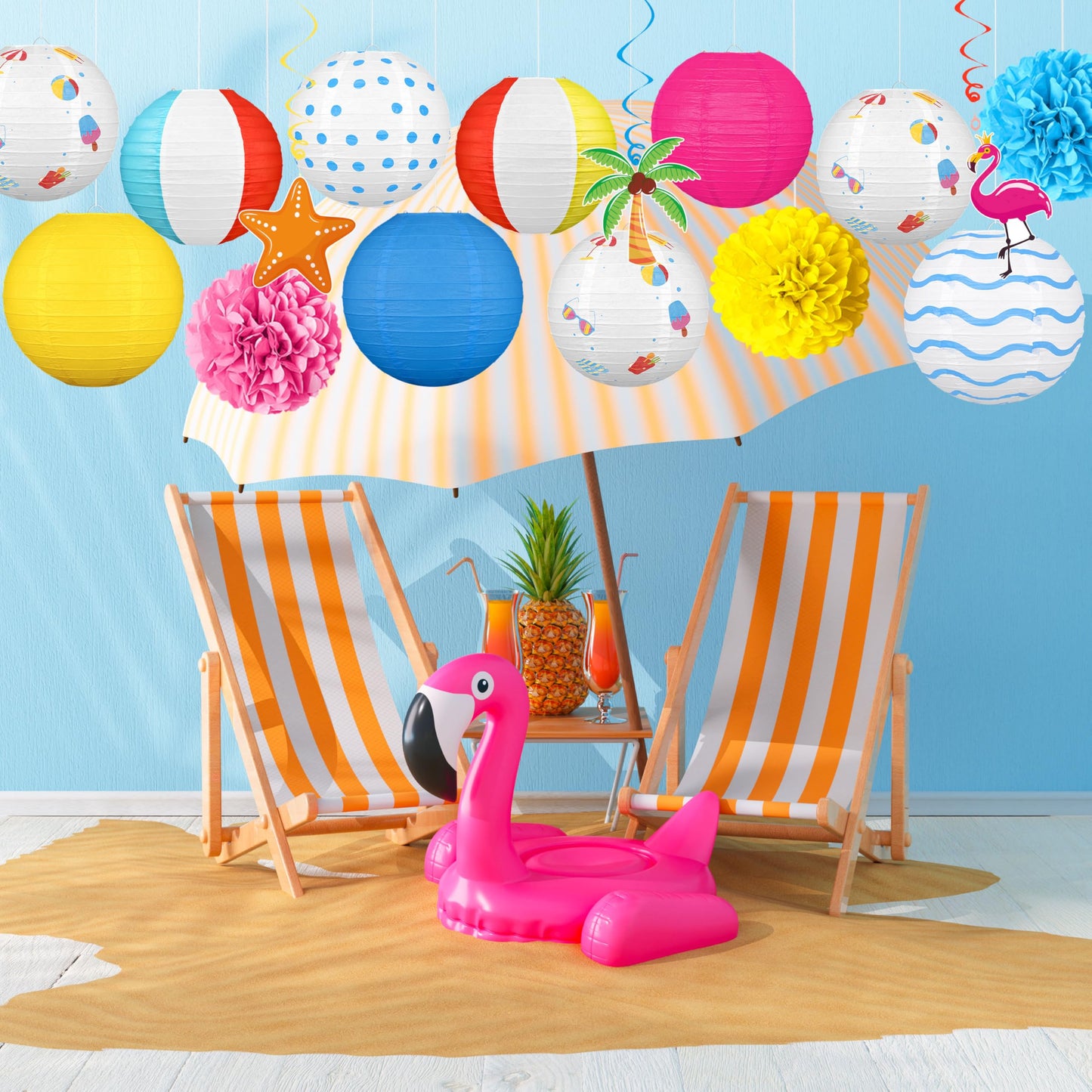 16Pcs Summer Party Decorations Paper Lanterns Pom Poms Hanging Swirls - Beach Pool Luau Hawaiian Tropical Hanging Decor for Home Birthday Outdoor Indoor