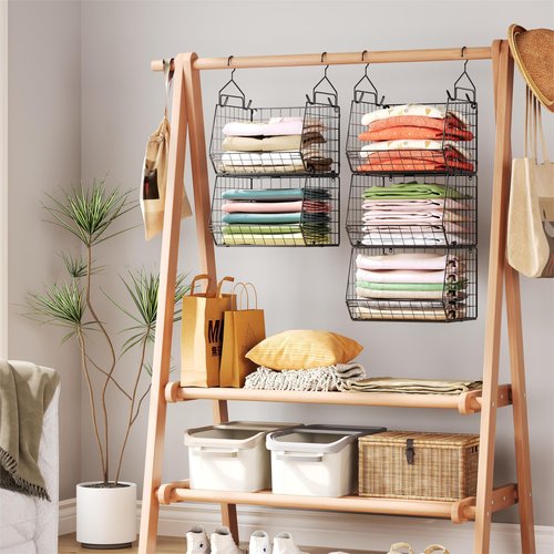 5 Tier Closet Hanging Organizer, Clothes Hanging Shelves with 4 Hanging Hooks 5 S Hooks, Wire Storage Basket Bins, for Clothing Sweaters Shoes Handbags Clutches Accessories Patent Design