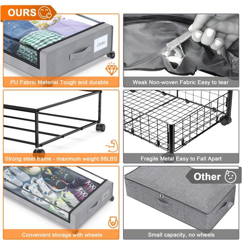 Under Bed Storage with Wheels, 1-Pack Under Bed Storage Containers with Clear Lids,Under the bed storage Organizer Bins,UnderBed Storag Rolling Under Bed Metal Drawer for Clothes,Shoes,Toys (Gray)