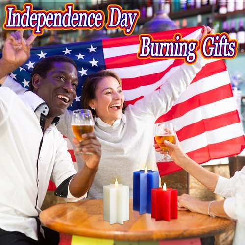 4th of July Patriotic Flameless Candles – Set of 3 Red White Blue Flameless LED Pillar Candles with Remote, Timer, Flicker Mode, Made of Paraffin and Battery Powered for Indoor Independence Day Decor