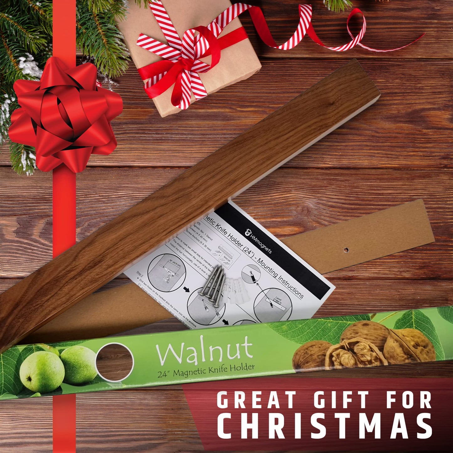 Premium 24 Inch (Large Size) Dark Walnut Wood Magnetic Knife Holder – Professional Wooden Magnetic Knife Strip - Space-Saving Knife Rack/Knife Bar With Powerful Magnetic Pull Force (Upgraded Version)