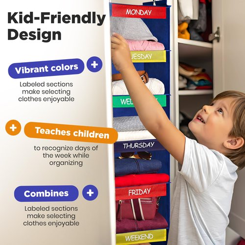 Weekly Clothes Organizer for Kids - 6-Shelf - Hanging Closet Daily Clothing Organization Labeled Shelves with Days of The Week Monday Through Friday, Weekday and Weekend (Blue)
