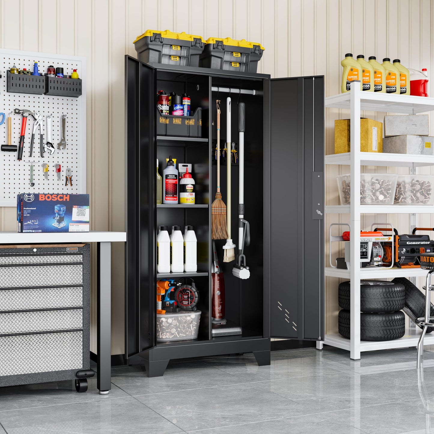 VASAAOSD 61" Broom Closet Storage Cabinet, Metal Storage Cabinet with Doors, Utility Cabinets for Brooms and Mops, Cleaning Tool Cabinets for Garage, Laundry Room, Bathroom