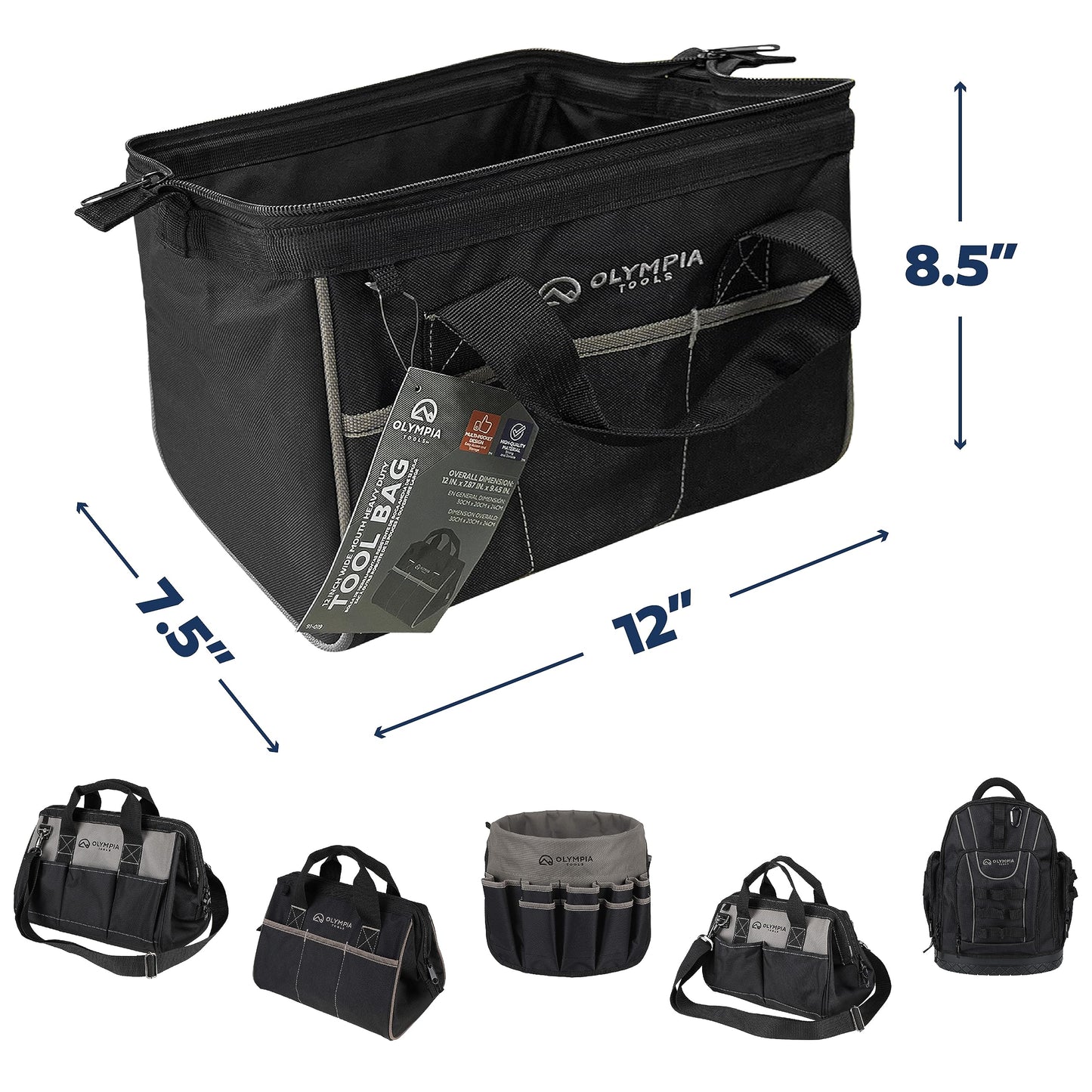 Olympia Tools Tool Bag 12 Inch, Heavy Duty Tools Bag with 3 Large Pockets, Adjustable Shouder Straps and 600D Reinforced Material
