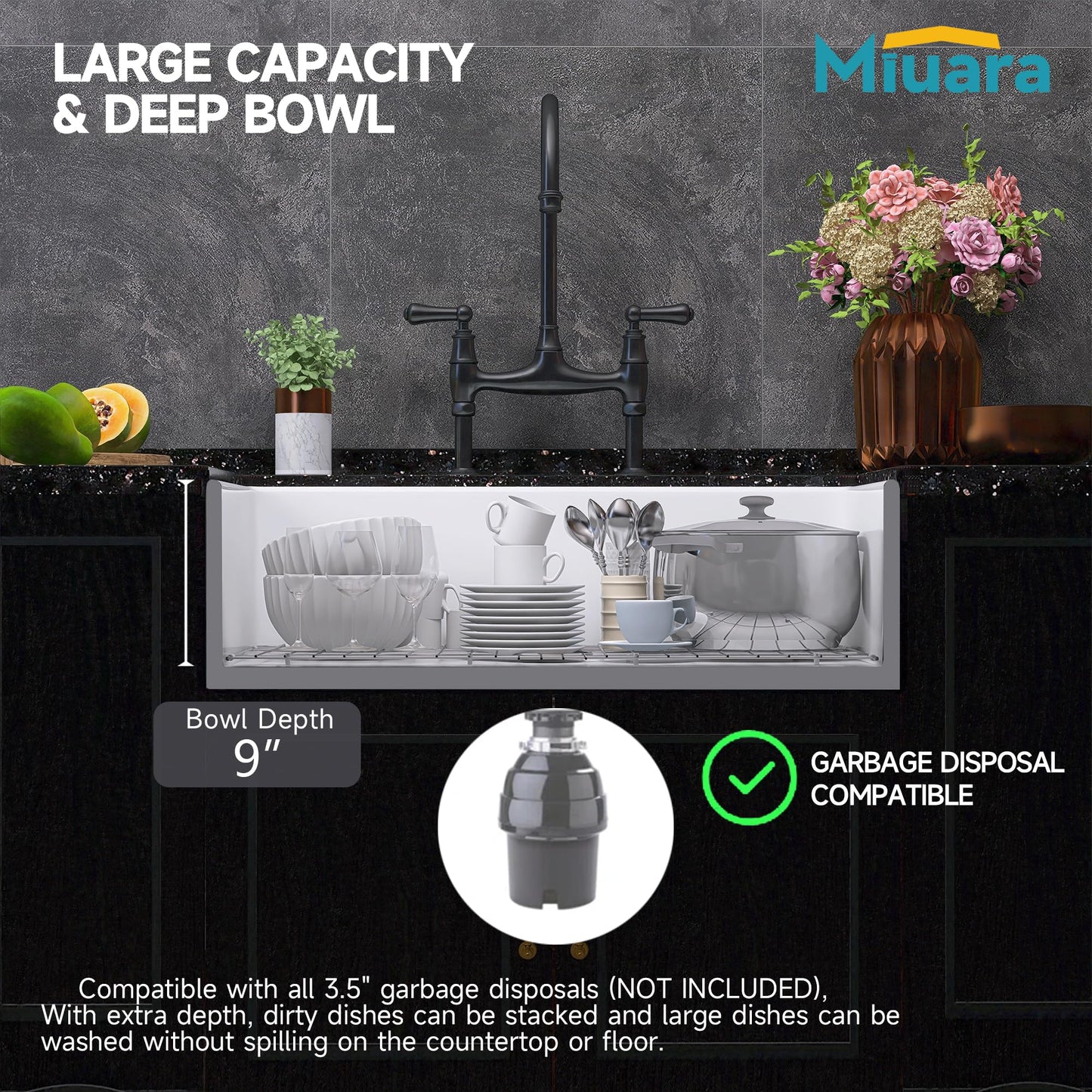 ﻿Miuara Farmhouse Sink 33 Inch - Apron Front Kitchen Sink Reversible 33"x18"x10", Undermount Installation, Farm House Style Single Bowl, Solid Fireclay, Glossy White, for Kitchen