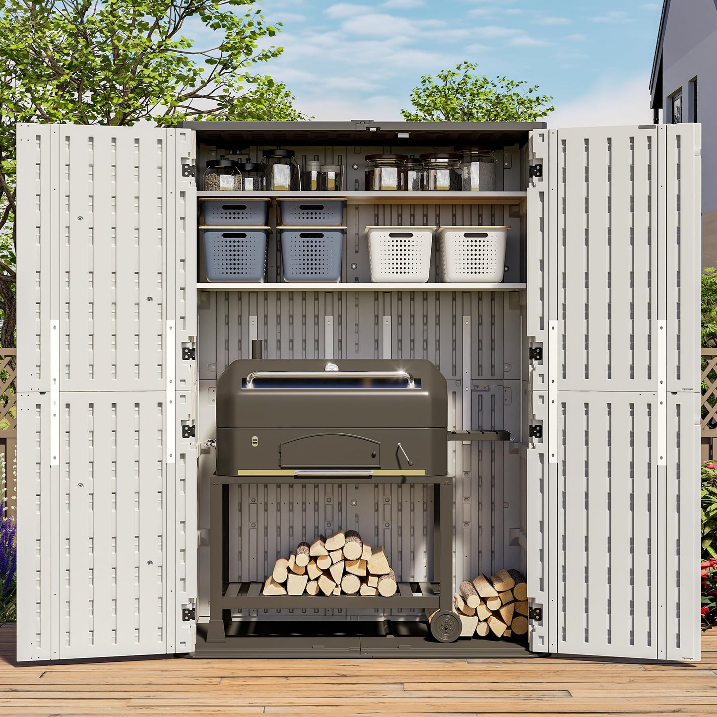 WillowLume 65 Cu.Ft Outdoor Storage Shed, Lockable Outdoor Vertical Resin Storage Cabinet with Floor, All-Weather Waterproof Shed for Garden, Backyard, Pool (65 cu ft - 2 Shelves)