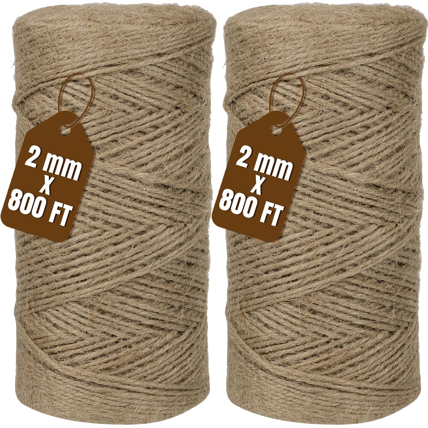 Jute Twine 2mm 1600 Feet Natural Jute Twine String for Crafting, Gardening, Gift Wrapping, Macrame, DIY Decor (Brown, 2Rolls, 800Feet/Roll)
