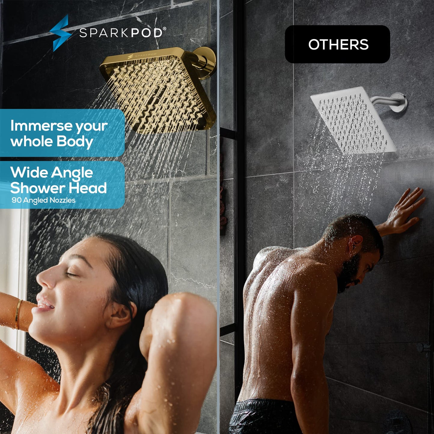 SparkPod Shower Head - High Pressure Rain - Premium Quality Luxury Design - Easy Clean Adjustable Replacement for Your Bathroom Shower Heads (Egyptian Gold, 8 Inch Square)