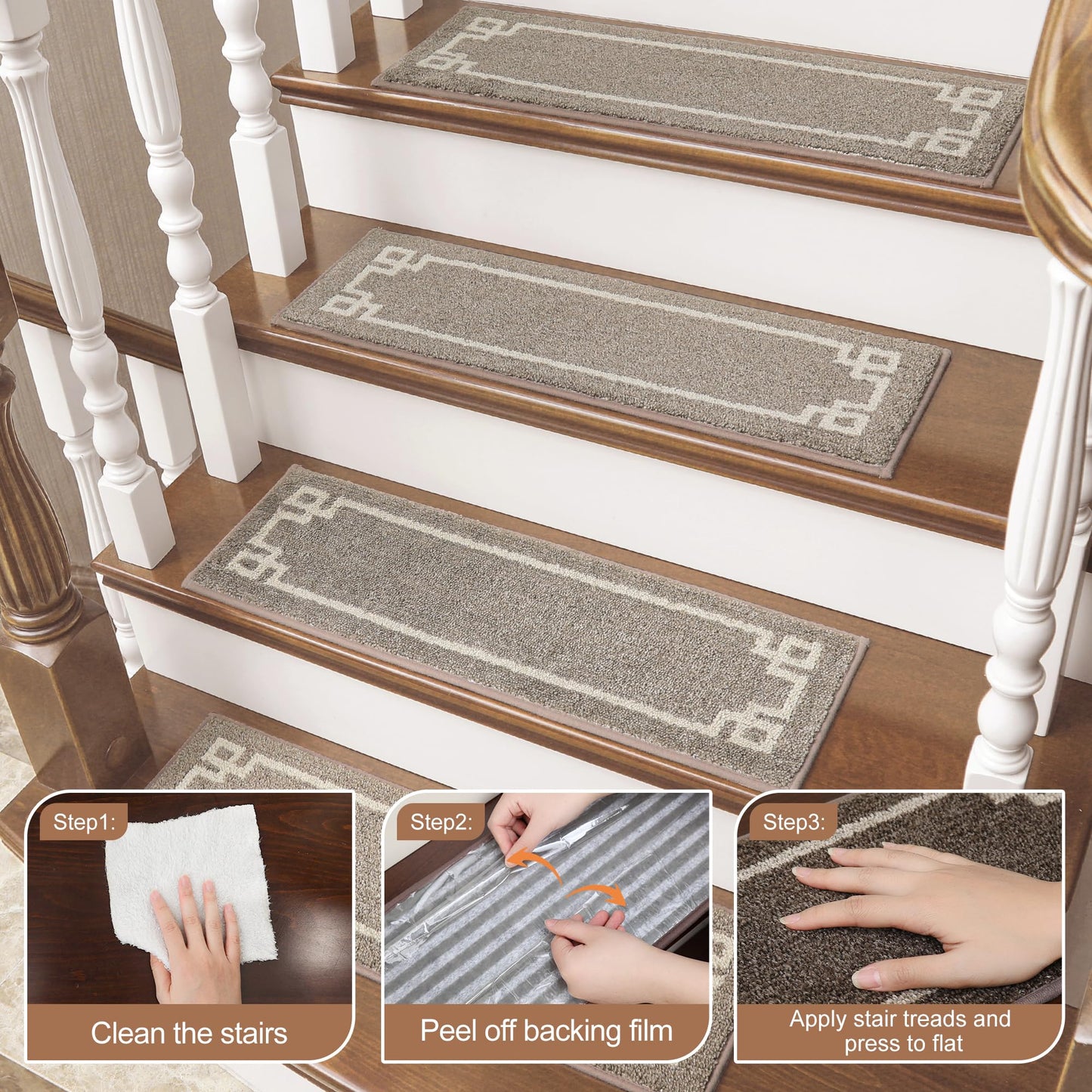BEQHAUSE Stair Treads for Wooden Steps Non Slip Washable Carpet Stair Treads with Reusable Residue Free Backing Soft Polyester Stair Rugs Indoor for Kids Elders and Dogs, 15pcs,Taupe