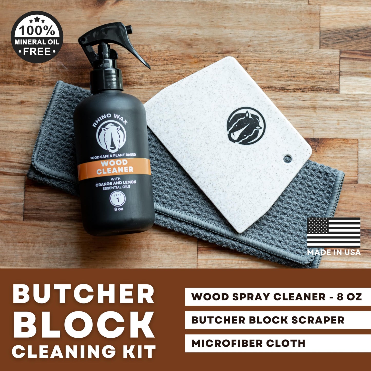Rhino Wax Butcher Block Cleaning Kit - Includes Cutting Board Wood Spray Cleaner, Bench Scraper, Microfiber Cloth - for Butcher Block Countertops, Islands, Large Cutting-Boards - Natural - Food Safe